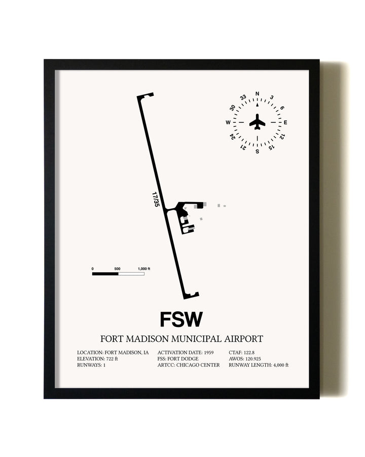 Framed Fort Madison Municipal Airport wall art poster in black frame