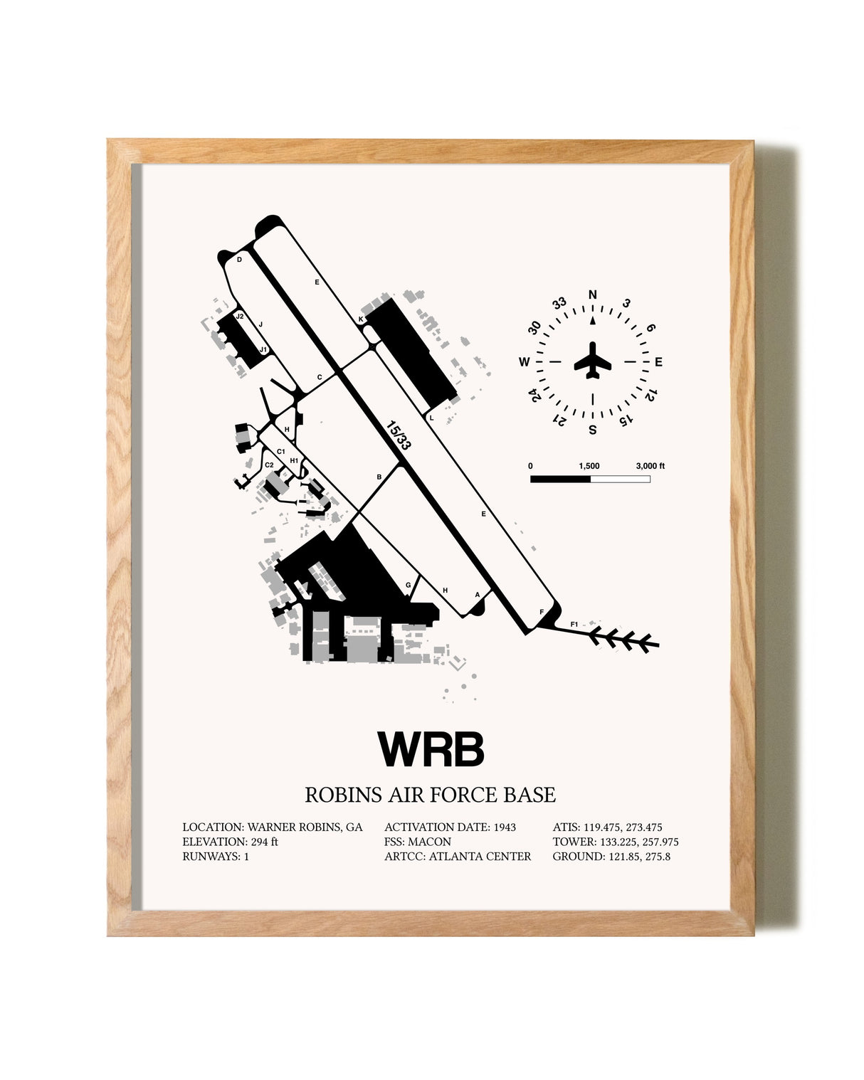 Robins Air Force Base framed print in natural wood frame