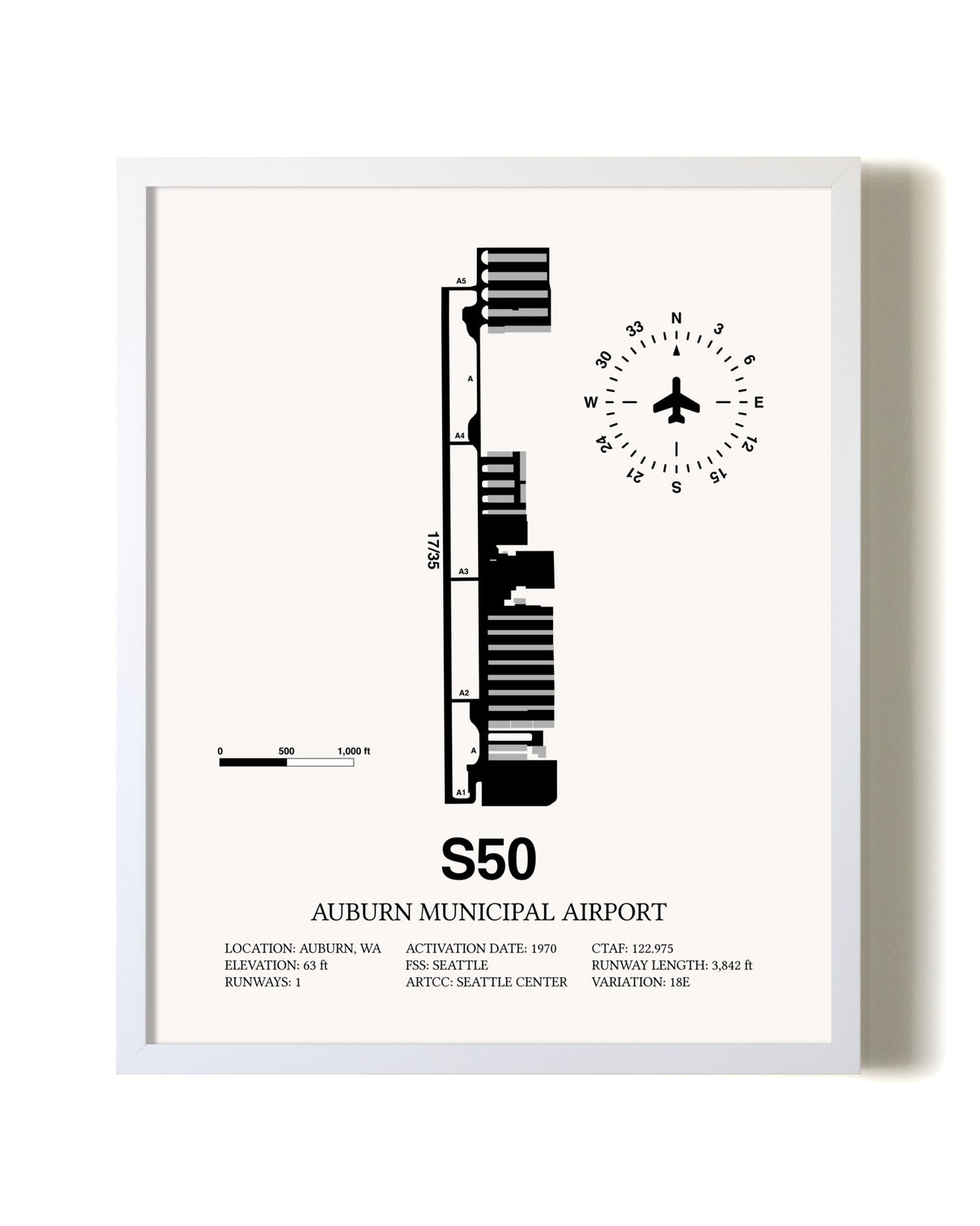 Auburn Municipal Airport airport map poster in oak frame