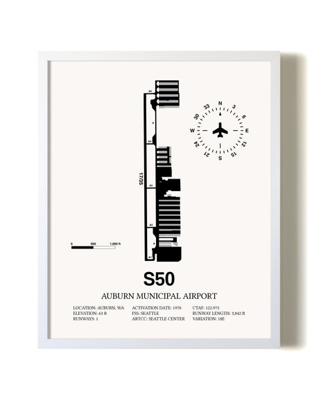 Auburn Municipal Airport airport map poster in oak frame