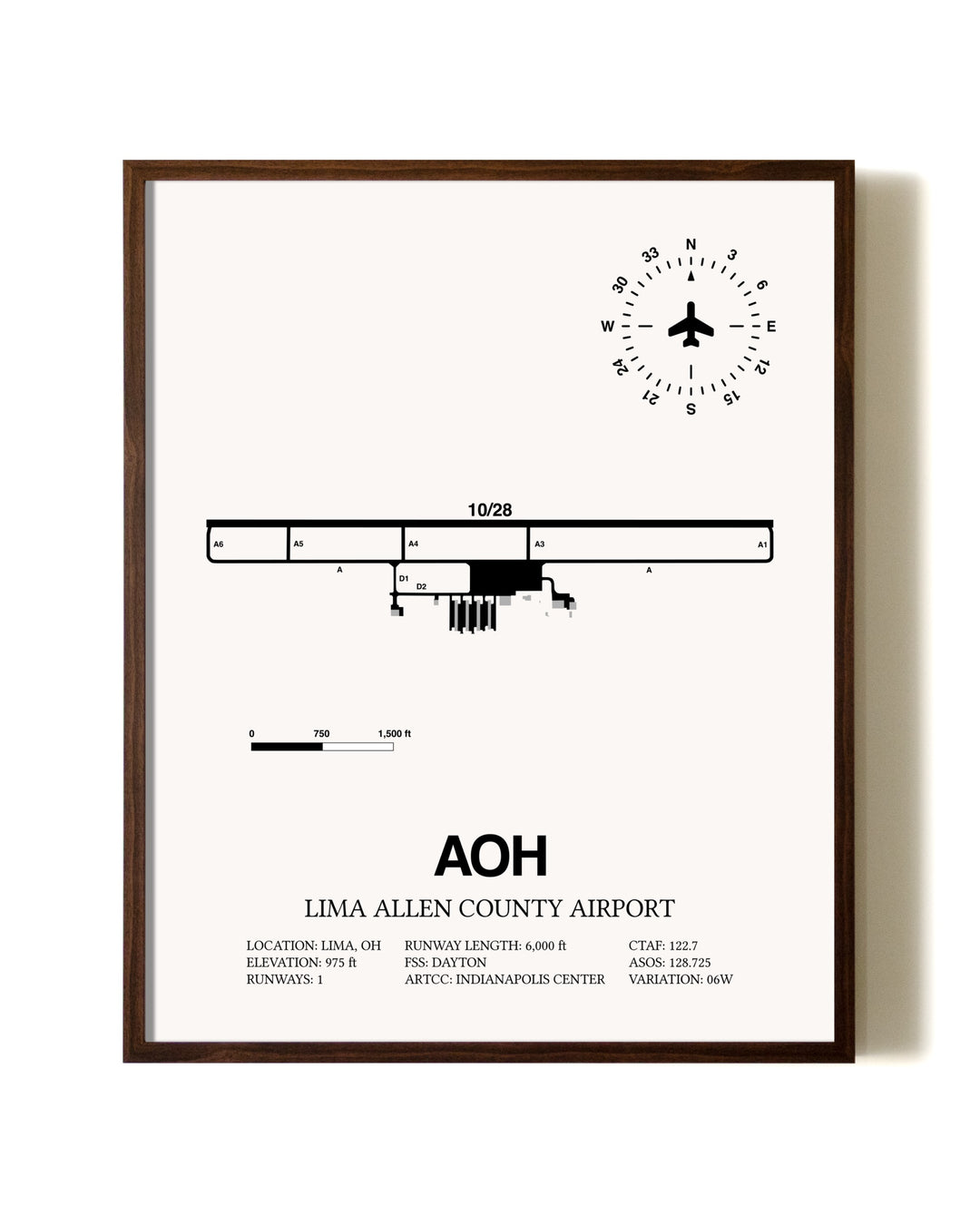 Lima Allen County Airport aviation print in walnut frame