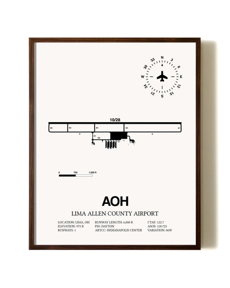 Lima Allen County Airport aviation print in walnut frame