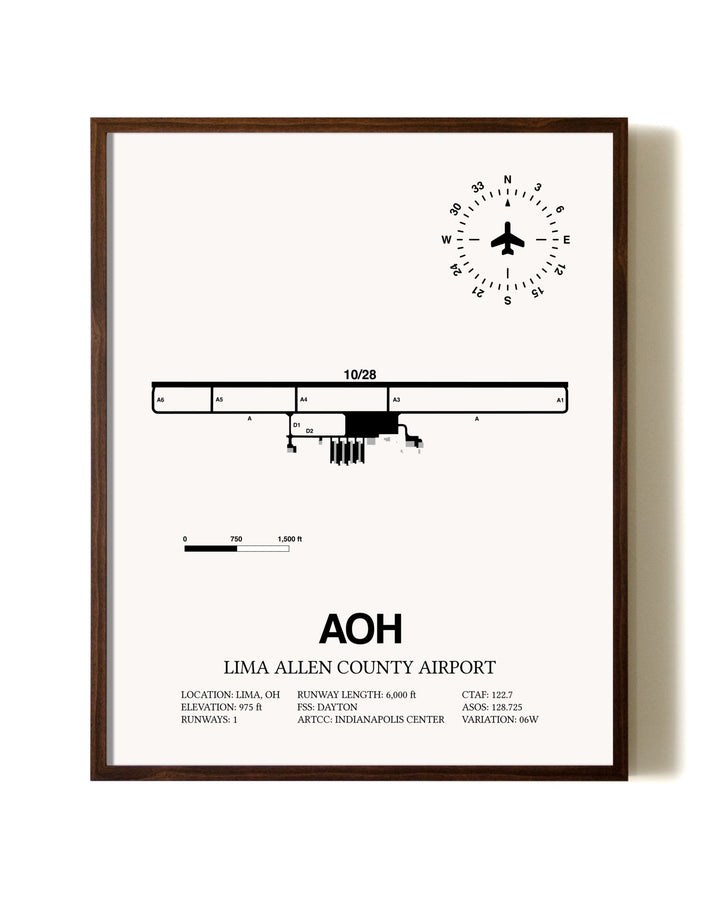 Lima Allen County Airport aviation print in walnut frame