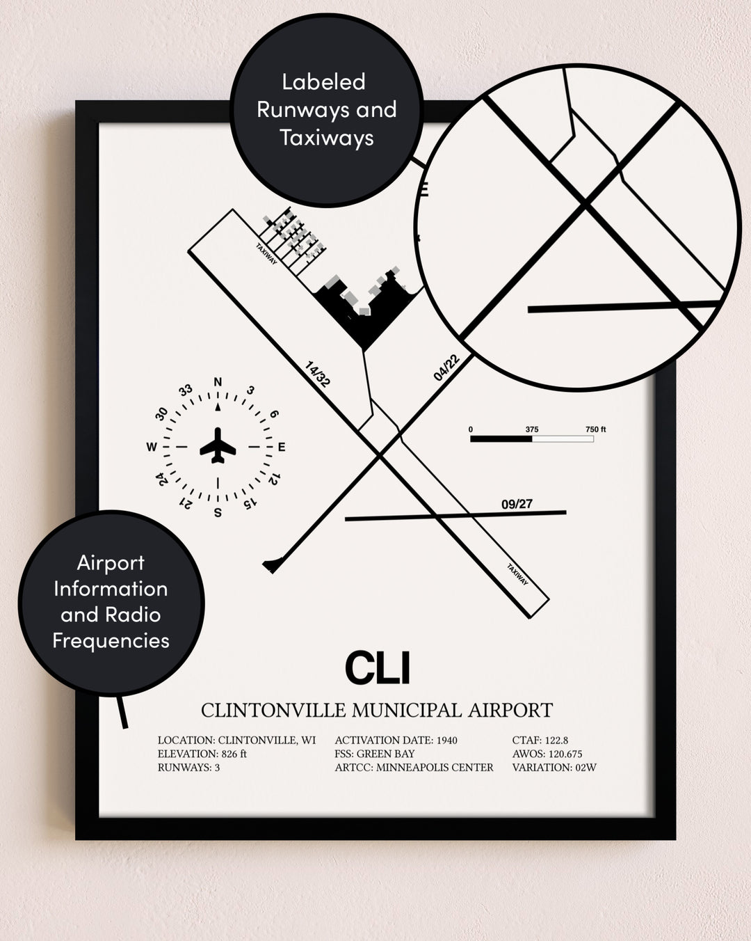 Framed Clintonville Municipal Airport layout wall art poster