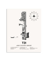 Gray Aero Country Airport framed poster displayed in an airplane hangar