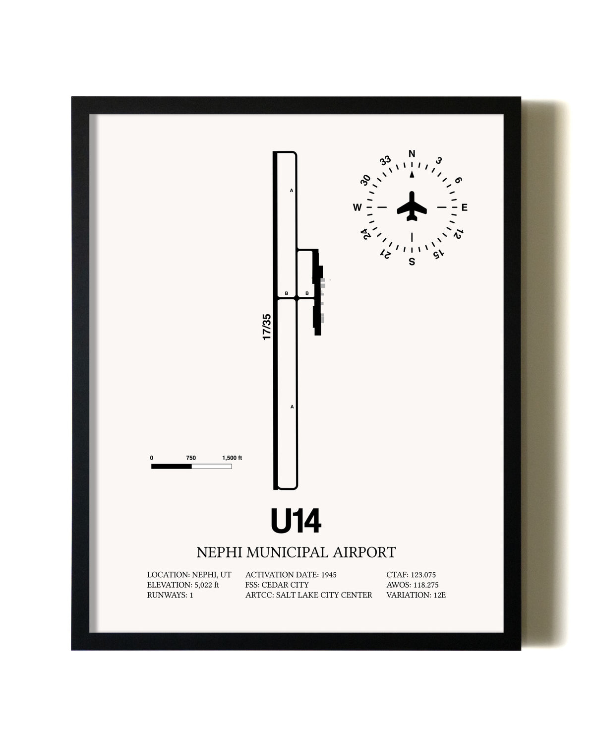 Framed Nephi Municipal Airport wall art poster in black frame