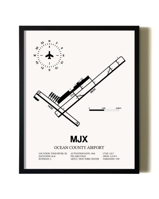 Framed Ocean County Airport wall art poster in black frame