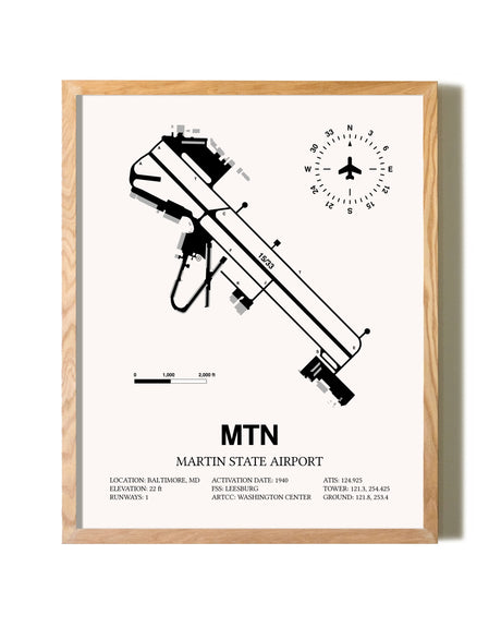 Martin State Airport framed print in natural wood frame