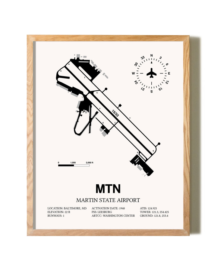 Martin State Airport framed print in natural wood frame