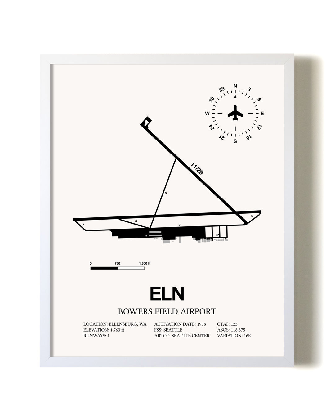 Bowers Field Airport airport map poster in oak frame