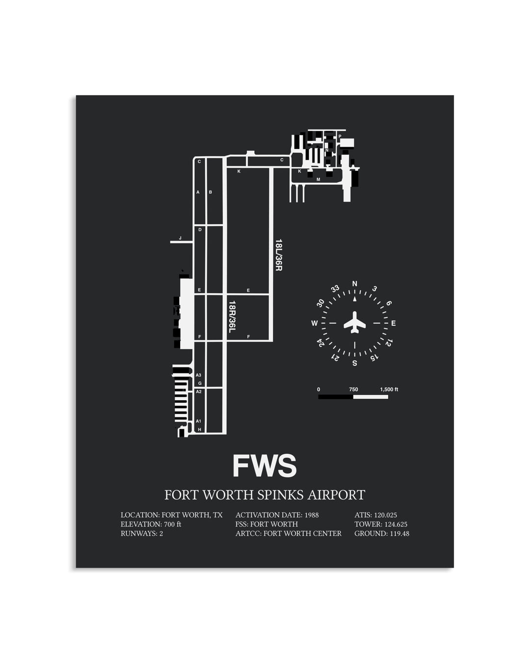 Gray Framed Fort Worth Spinks Airport layout wall art poster