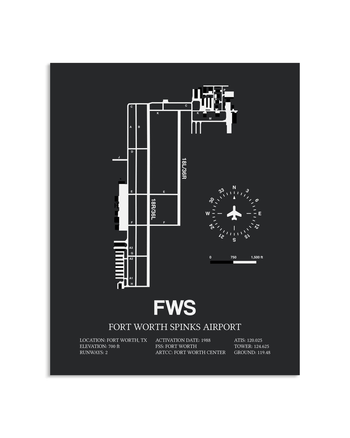 Gray Framed Fort Worth Spinks Airport layout wall art poster