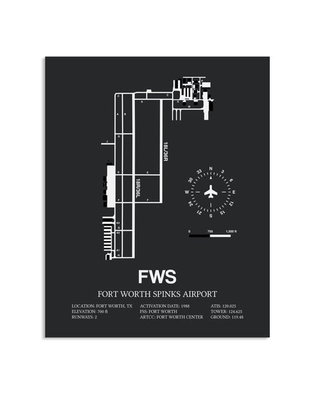 Gray Framed Fort Worth Spinks Airport layout wall art poster