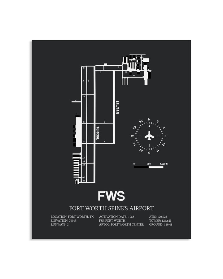 Gray Framed Fort Worth Spinks Airport layout wall art poster