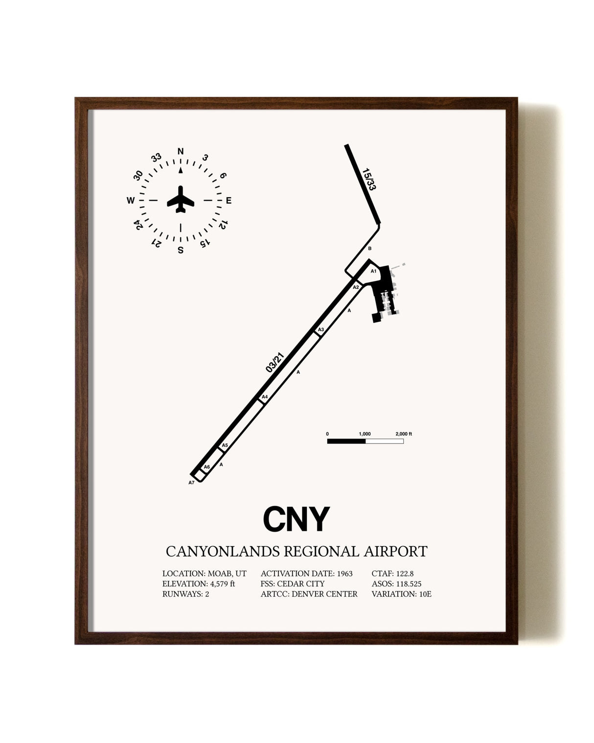 Canyonlands Regional Airport aviation print in walnut frame