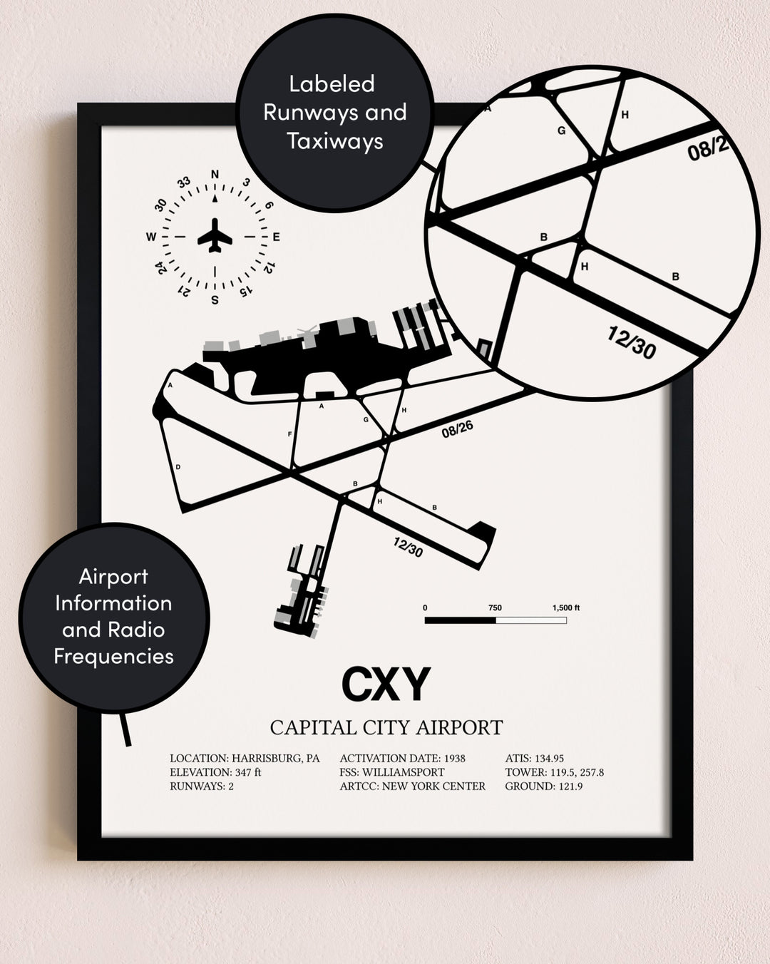 Framed Capital City Airport layout wall art poster