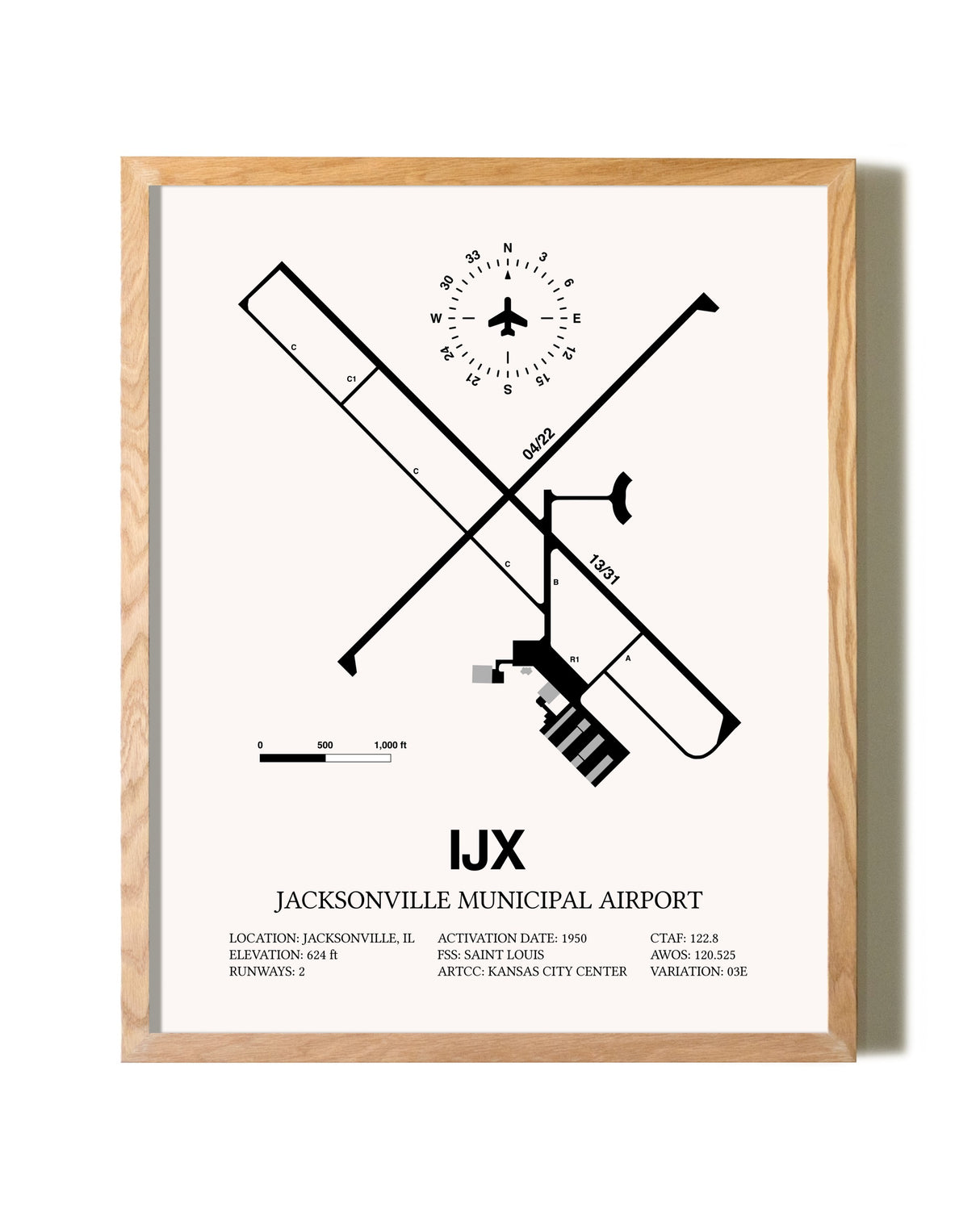Jacksonville Municipal Airport framed print in natural wood frame