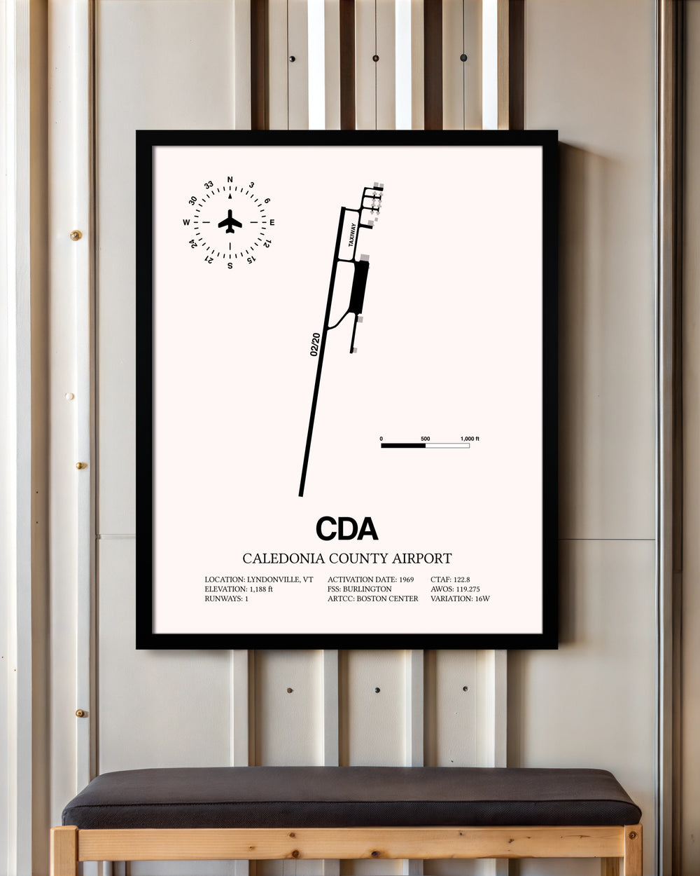 Caledonia County Airport framed poster displayed in an airplane hangar