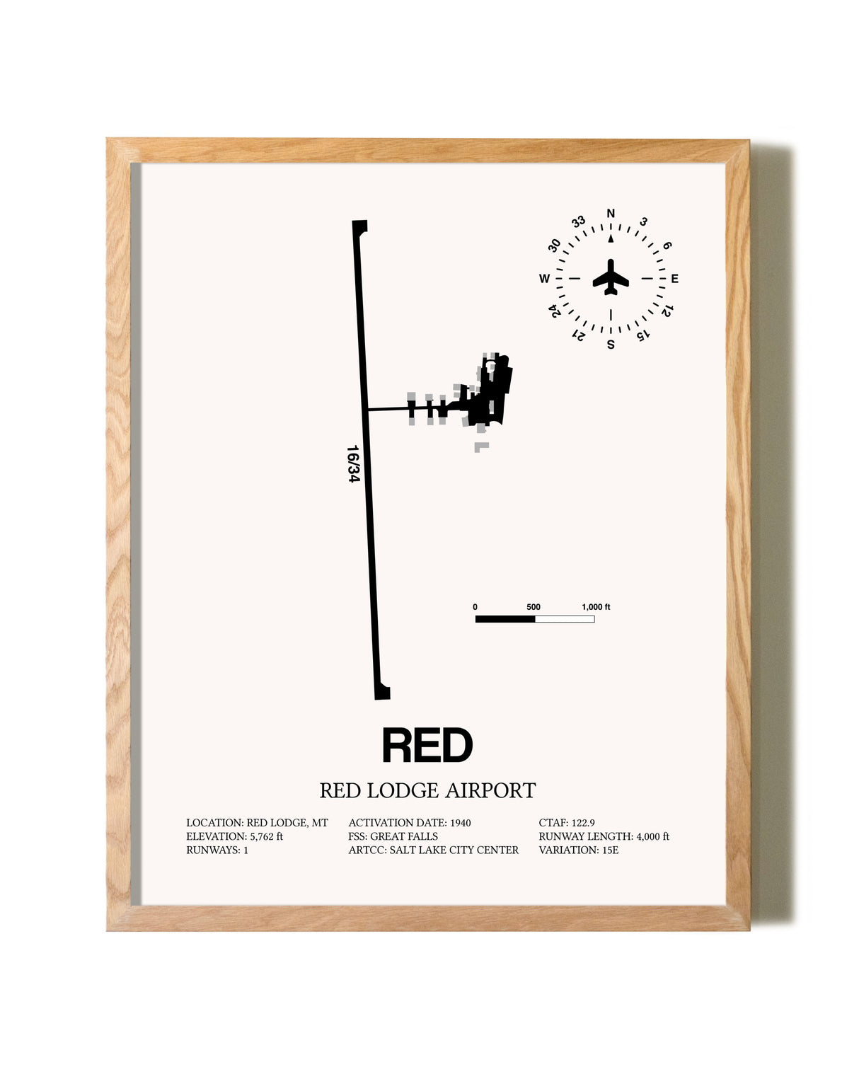 Red Lodge Airport framed print in natural wood frame