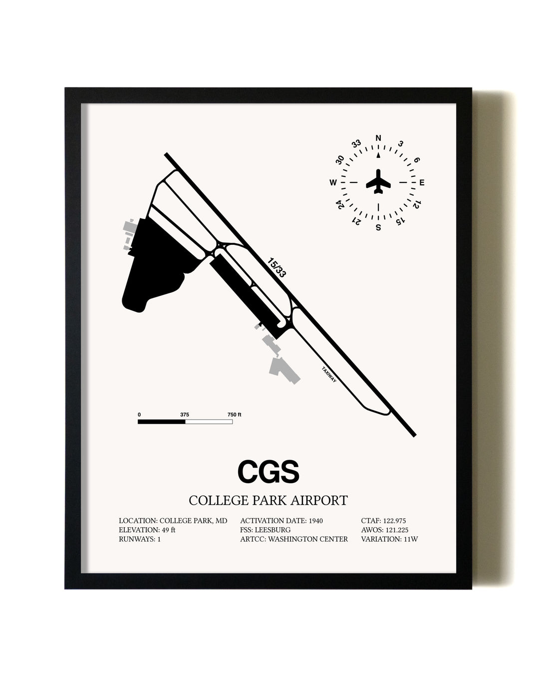 Framed College Park Airport wall art poster in black frame
