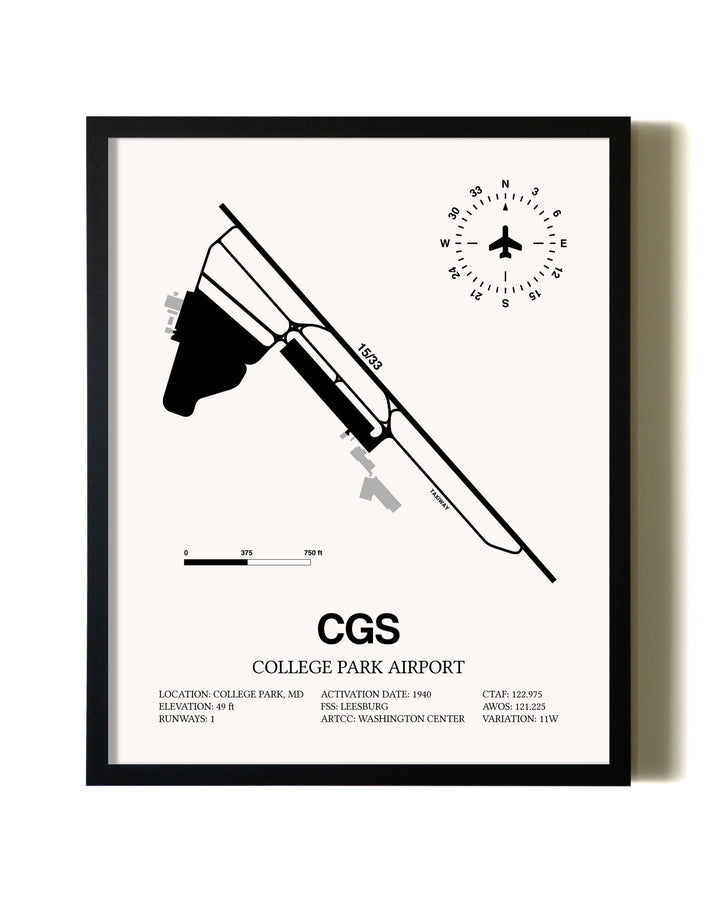 Framed College Park Airport wall art poster in black frame