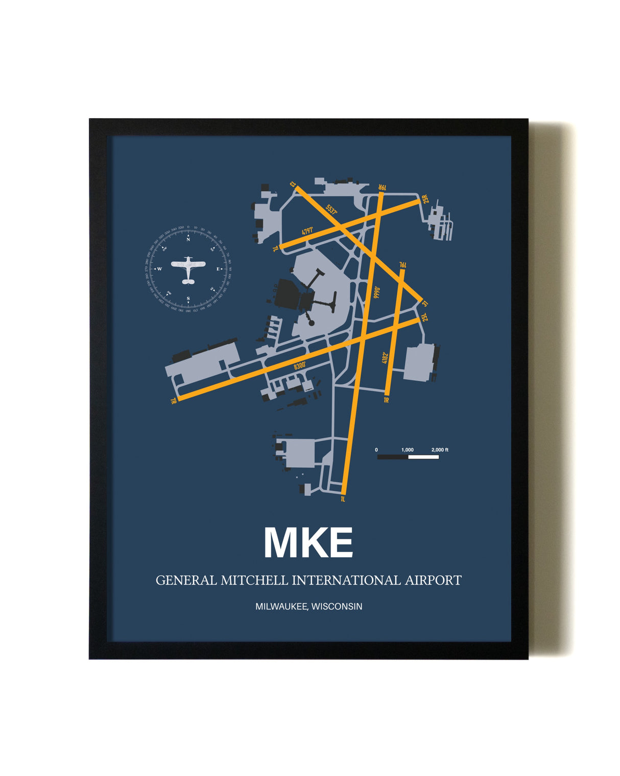 Blue and Yellow Framed General Mitchell International Airport wall art poster in black frame