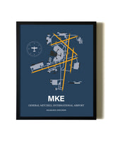 Blue and Yellow Framed General Mitchell International Airport wall art poster in black frame