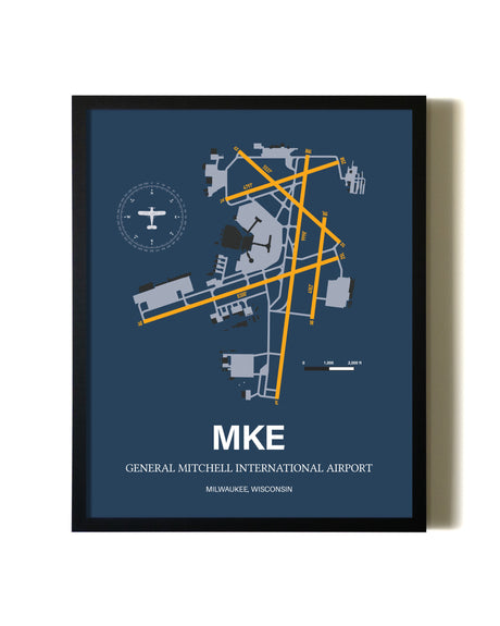 Blue and Yellow Framed General Mitchell International Airport wall art poster in black frame