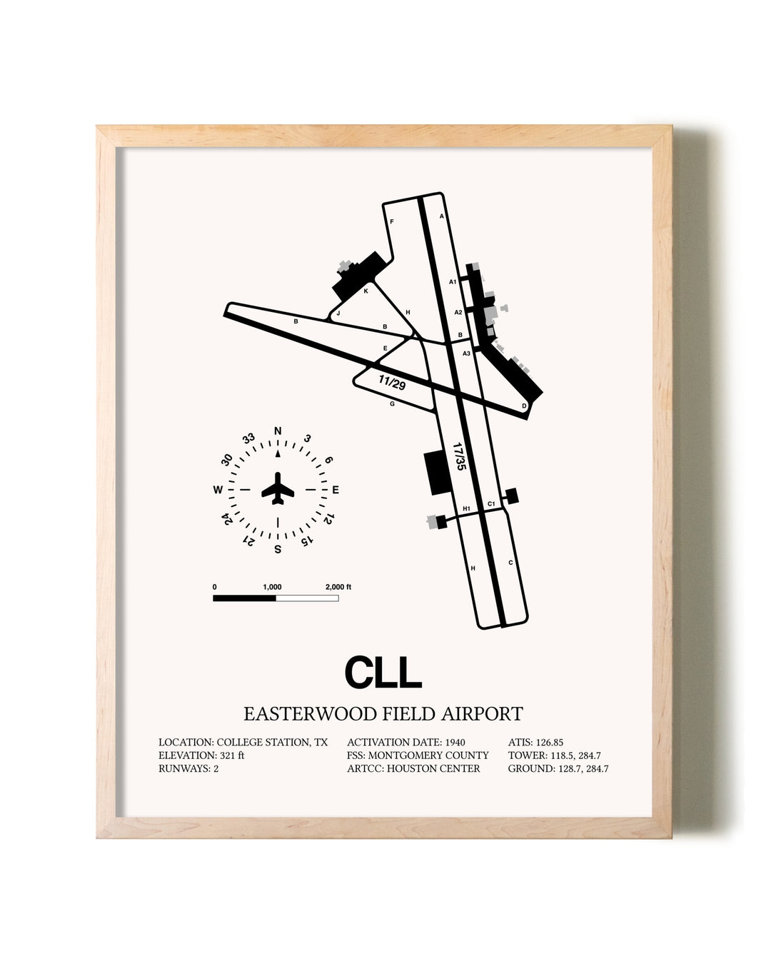 Easterwood Field Airport framed wall art in white frame