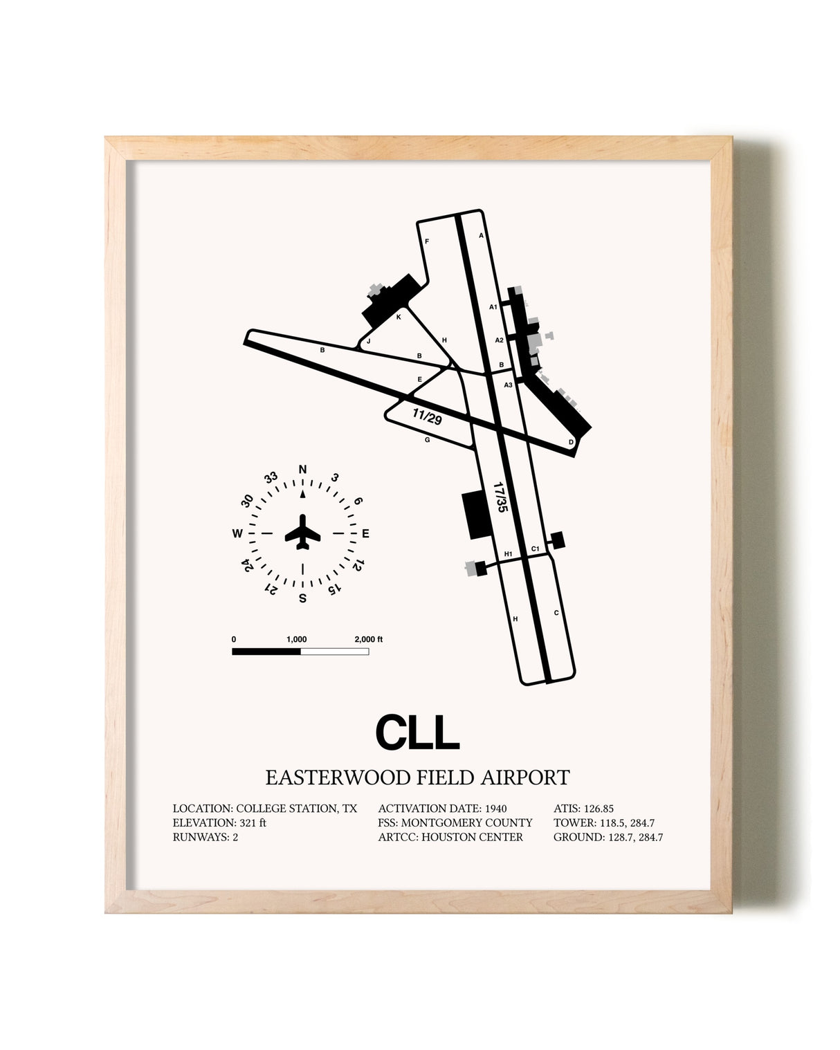 Easterwood Field Airport framed wall art in white frame