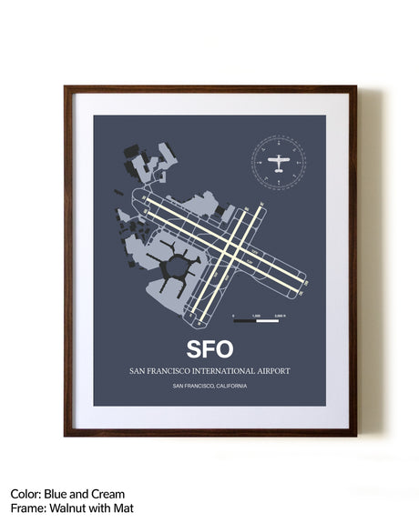 San Francisco International Airport aviation print in walnut frame with mat