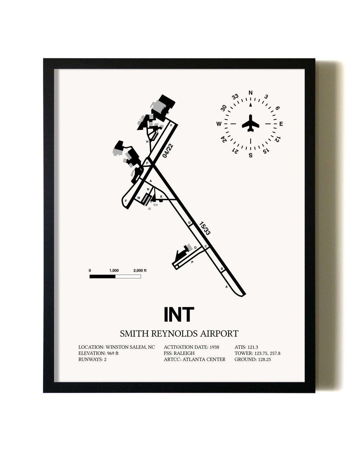 Framed Smith Reynolds Airport wall art poster in black frame