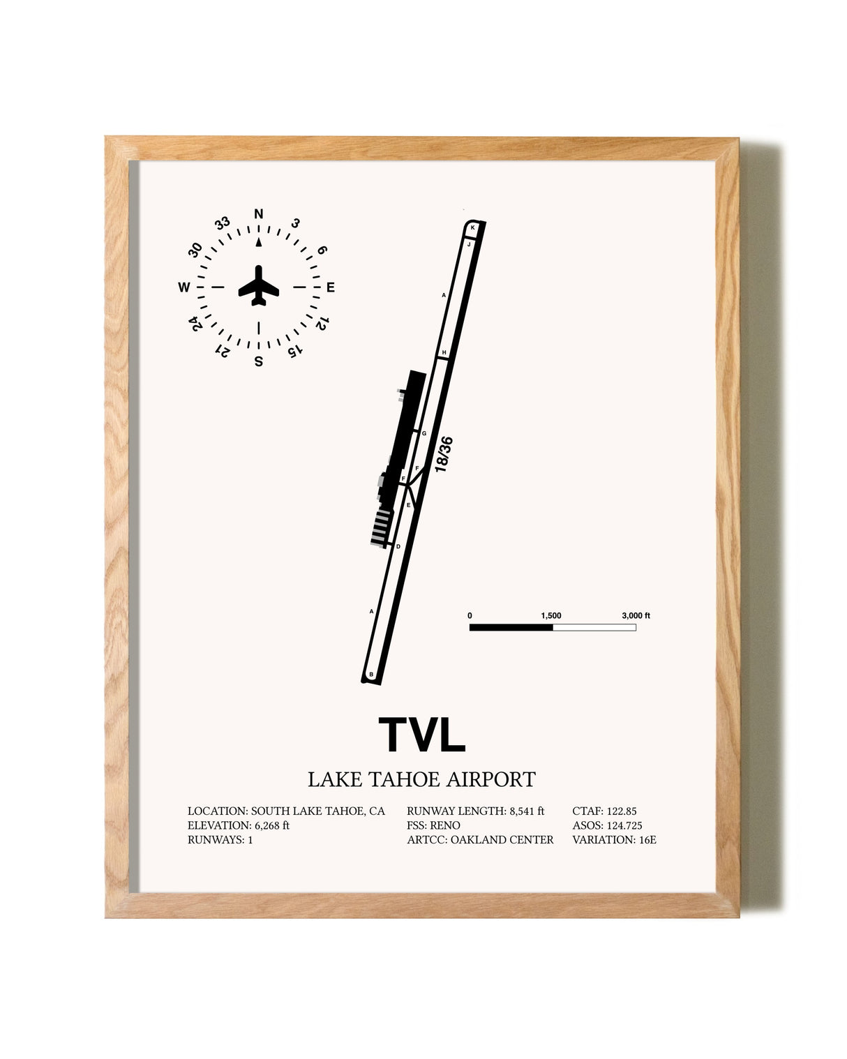 Lake Tahoe Airport framed print in natural wood frame