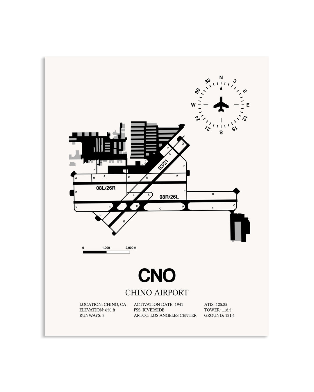Gray Chino Airport framed poster displayed in an airplane hangar