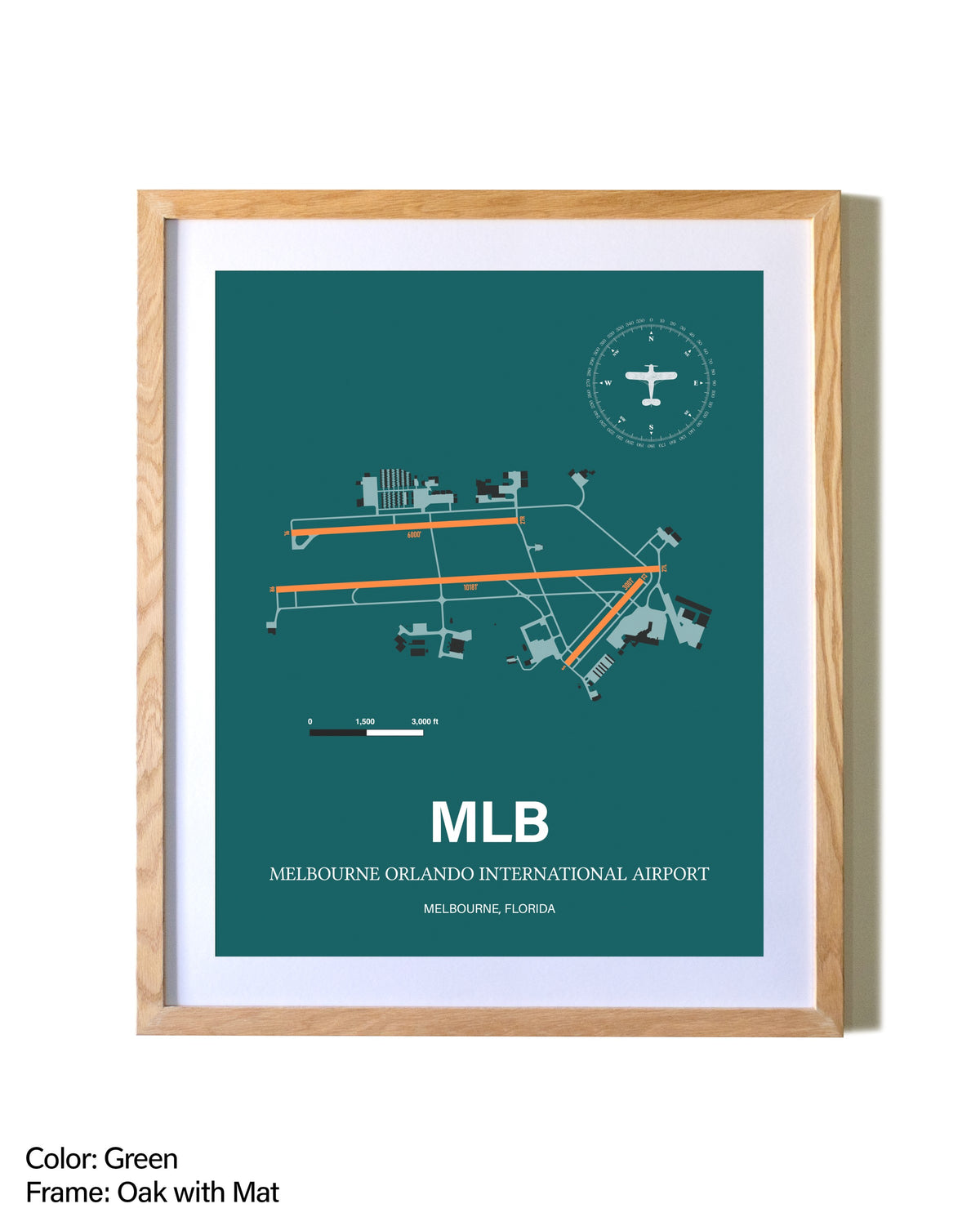 Melbourne Orlando International Airport airport map poster in oak frame with mat