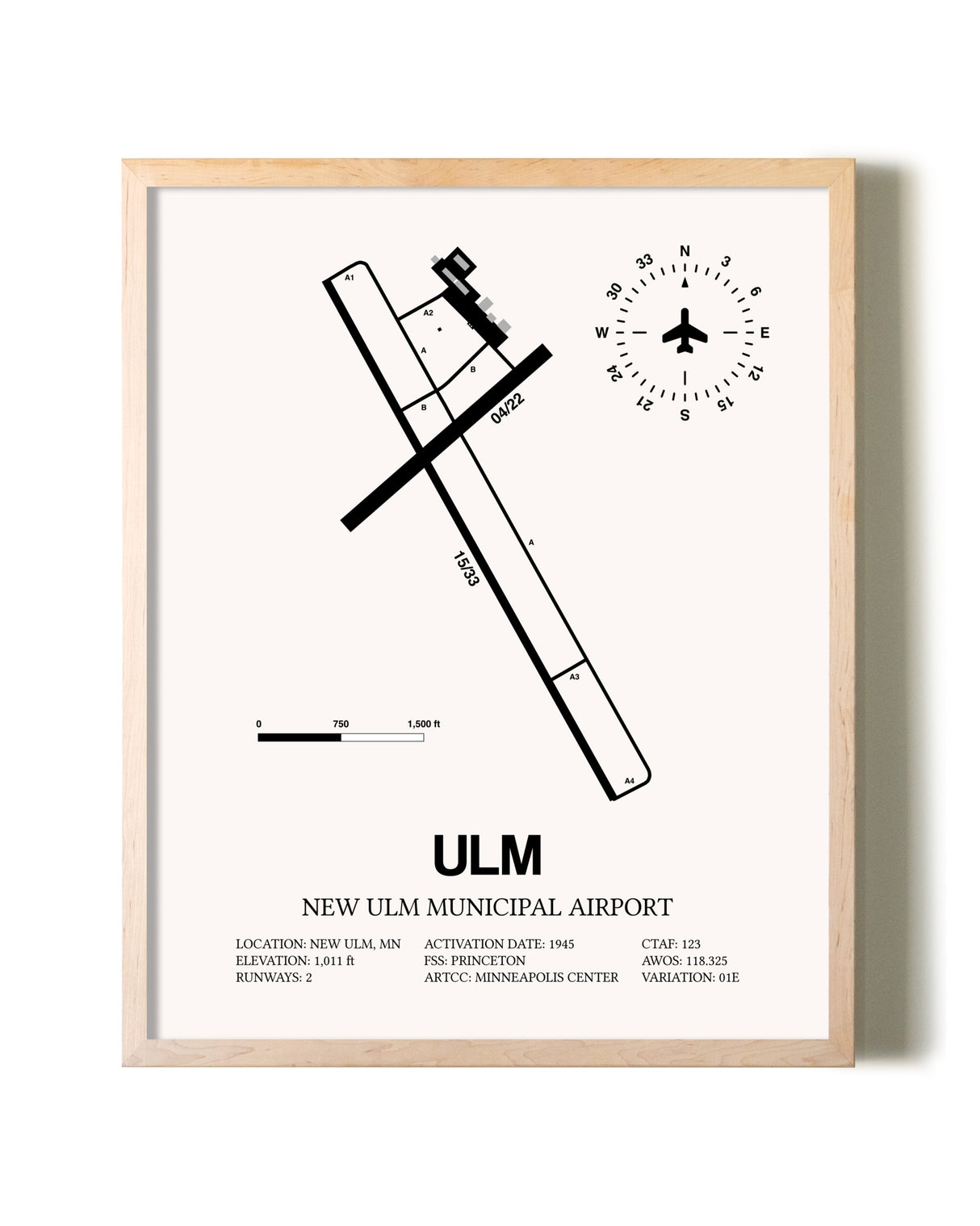 New Ulm Municipal Airport framed wall art in white frame