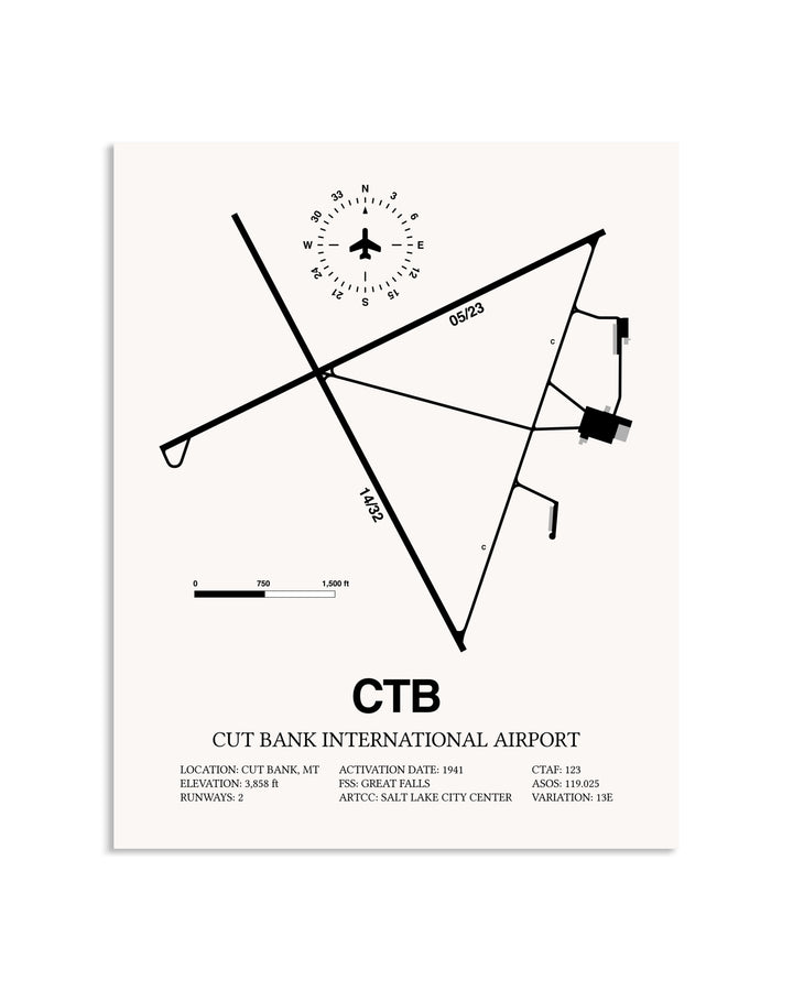 Gray Cut Bank International Airport framed poster displayed in an airplane hangar