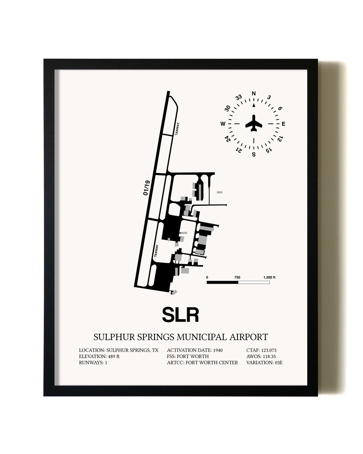 Framed Sulphur Springs Municipal Airport wall art poster in black frame