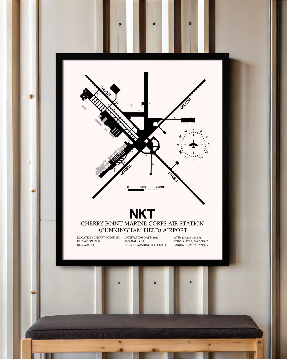 Cherry Point Marine Corps Air Station (Cunningham Field) Airport framed poster displayed in an airplane hangar