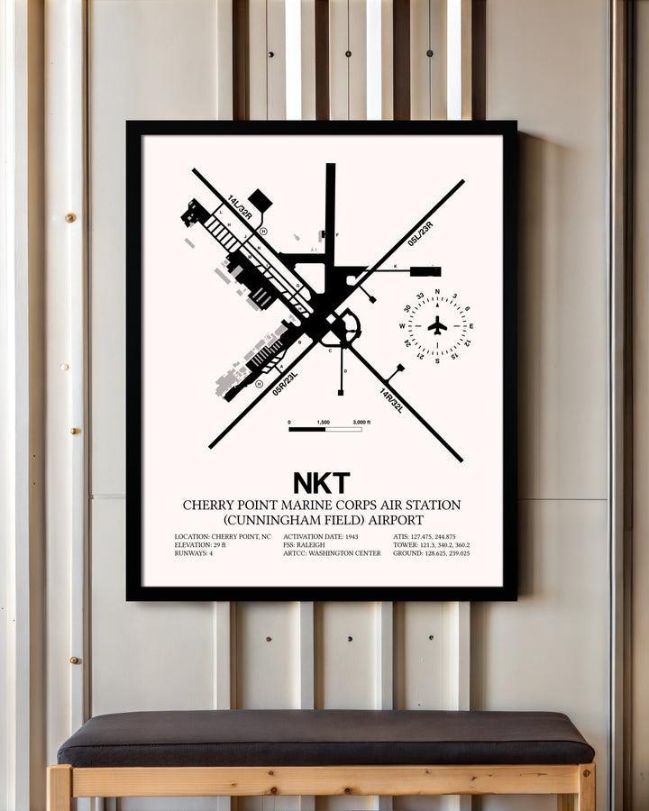Cherry Point Marine Corps Air Station (Cunningham Field) Airport framed poster displayed in an airplane hangar