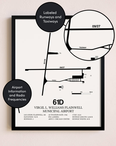 Framed Virgil L. Williams Plainwell Municipal Airport layout wall art poster