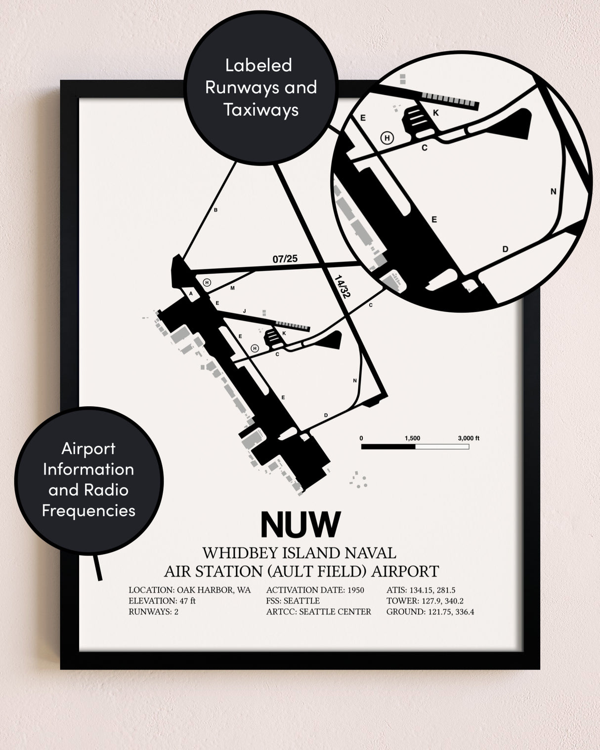 Framed Whidbey Island Naval Air Station (Ault Field) Airport layout wall art poster