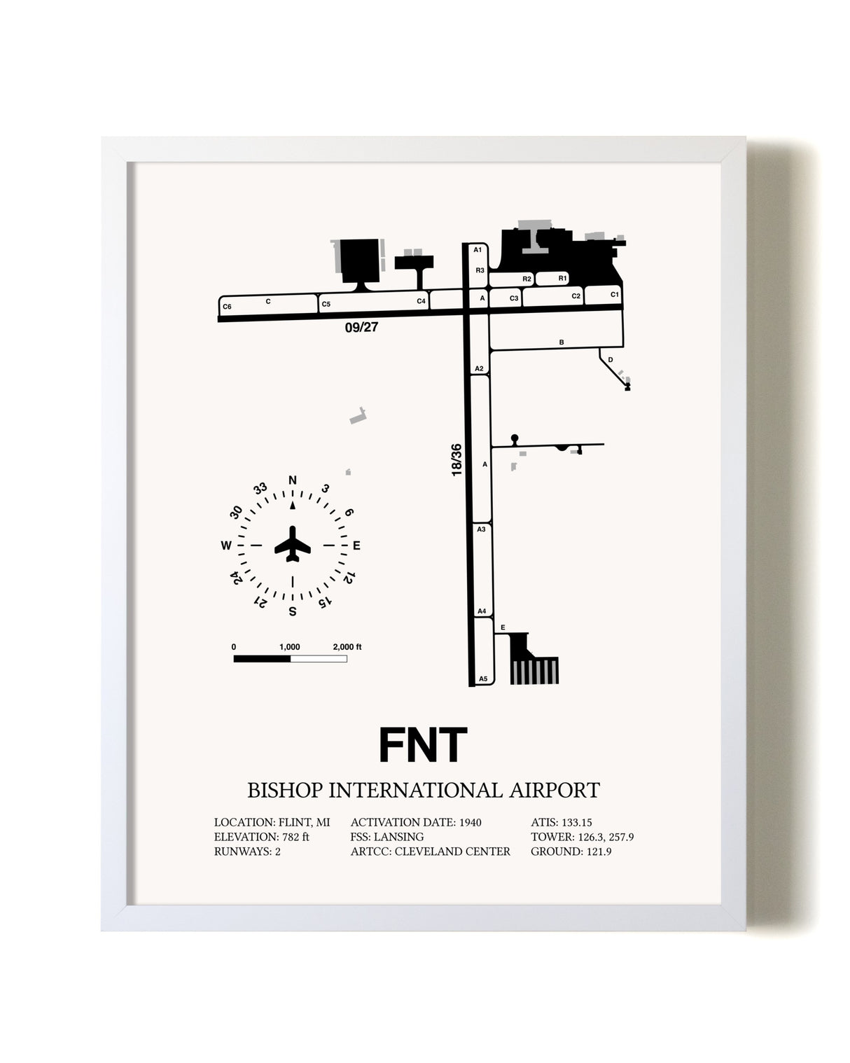 Bishop International Airport airport map poster in oak frame