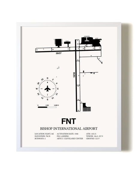 Bishop International Airport airport map poster in oak frame