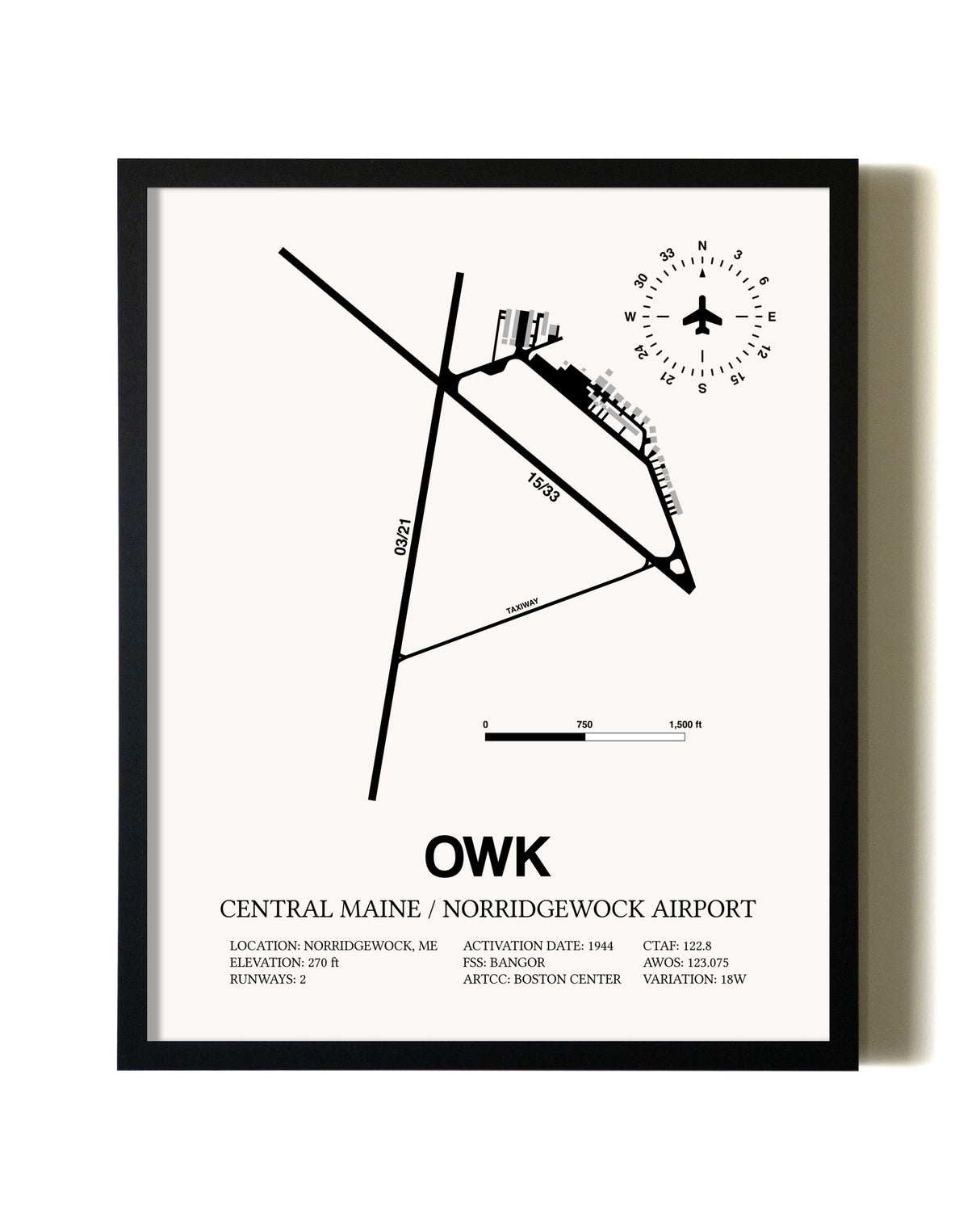 Framed Central Maine / Norridgewock Airport wall art poster in black frame