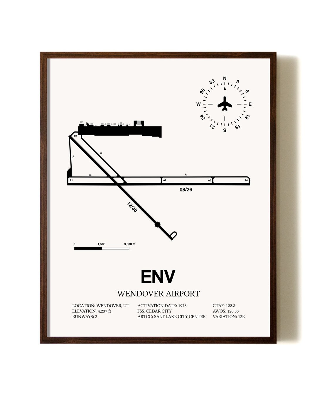 Wendover Airport aviation print in walnut frame