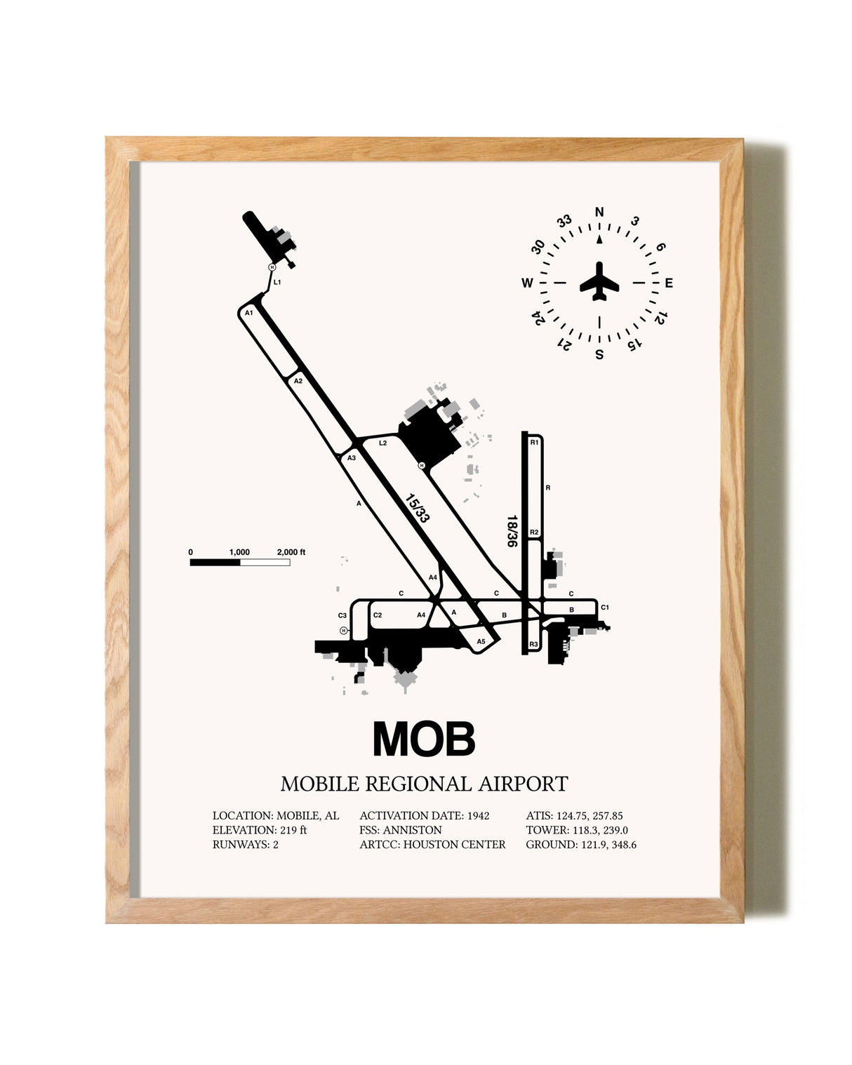 Mobile Regional Airport framed print in natural wood frame