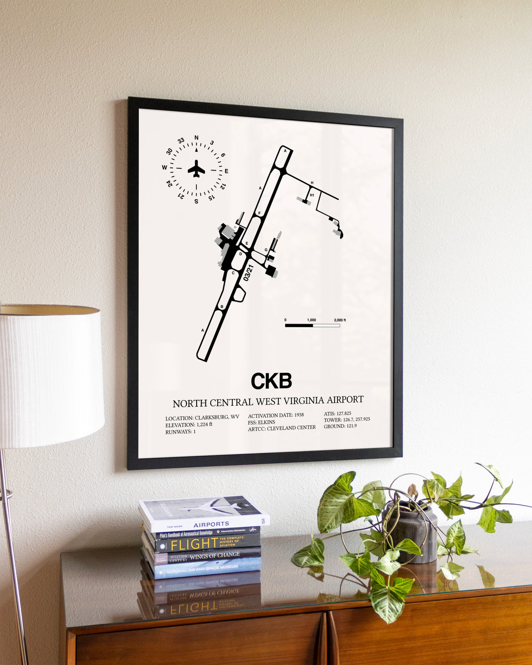 North Central West Virginia Airport aviation wall décor in black wood frame