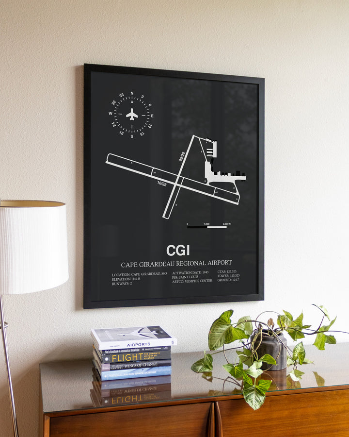 Gray Framed Cape Girardeau Regional Airport wall art poster in black frame