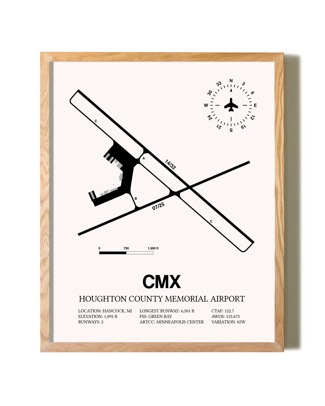 Houghton County Memorial Airport framed print in natural wood frame